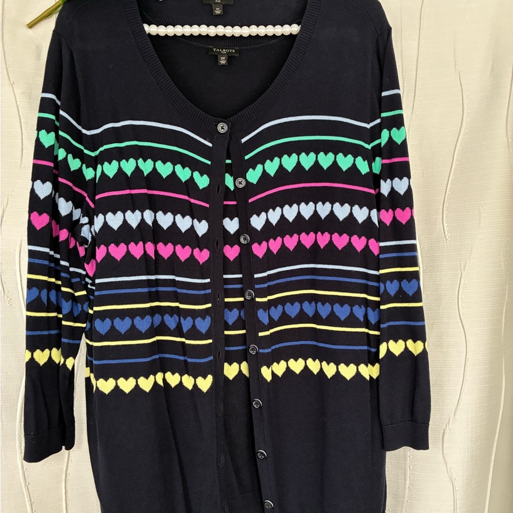 Talbots Black Cardigan Set with Multicolor Heart Stripes